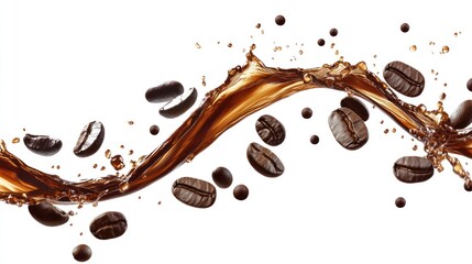 Fototapeta premium Coffee Beans and Liquid Splash Isolated on White Background