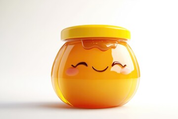 A cute, glossy honey jar with a smiley face and a yellow lid on a plain background.