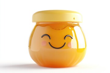 A cute cartoon honey pot with a happy face on white background, shiny and glossy.