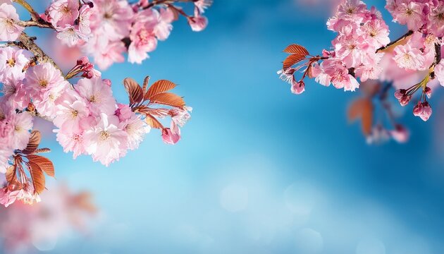 cherry blossom branches with delicate pink flowers against blue sky spring sakura blooms with soft focus petals creating natural floral background with copy space