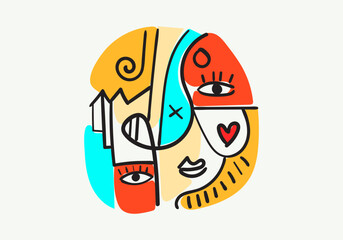 Colorful abstract portraits in cubism-pop art style, featuring bold lines, geometric shapes, expressive eyes, and symbolic human faces.