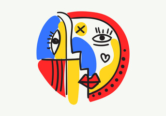 Colorful abstract portraits in cubism-pop art style, featuring bold lines, geometric shapes, expressive eyes, and symbolic human faces.