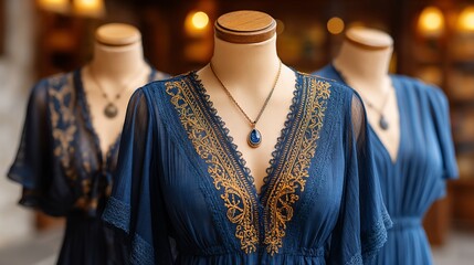 Obraz premium Blue dresses on display with necklace accessories, showcasing intricate details