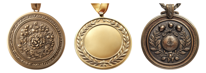 Elegant Medals Featuring Floral Design, Blank Center, Decorative Edges