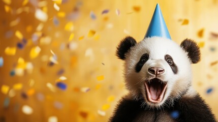 A playful panda wearing a blue party hat joyously opens its mouth in excitement, surrounded by vibrant confetti, creating a festive and cheerful atmosphere that captivates.