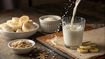 Glass of milk splashing with banana slices, oats, and bowl of sliced bananas on rustic wooden table, creating fresh and healthy vibe