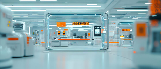 Futuristic White Laboratory Corridor With Robots And Orange Panels