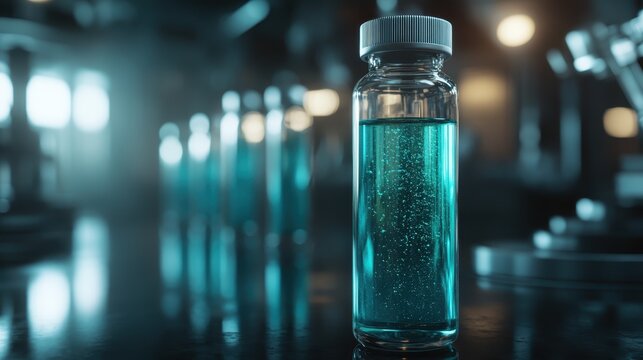 A captivating shot featuring a vial filled with vibrant blue liquid against a blurred laboratory background, evoking curiosity and the essence of scientific discovery.