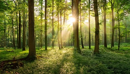 Obraz premium sunlight in green forest at sunrise landscape of summer forest with warm sunbeams through trees natural scene of woodland in the morning