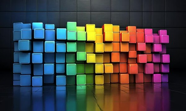 Colorful 3D cubes in rainbow colors, arranged in a pattern on a dark background