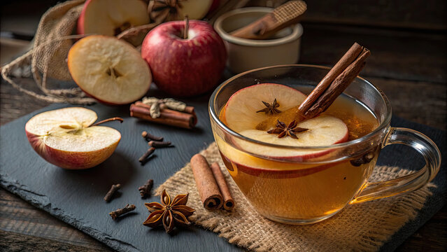 Warm glass of spiced apple cider garnished with cinnamon sticks, star anise, and apple slices, surrounded by fresh apples and spices rustic table