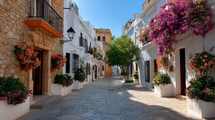 Fototapeta premium Charming cobblestone street lined with white buildings, vibrant flowers, and a clear blue sky