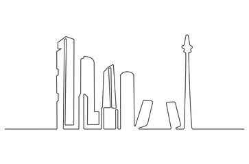 Continuous one line drawing of Madrid city skyline. Single line drawing illustration of Spain cityscape. Beautiful buildings and architecture concept vector art. Doodle line illustration.