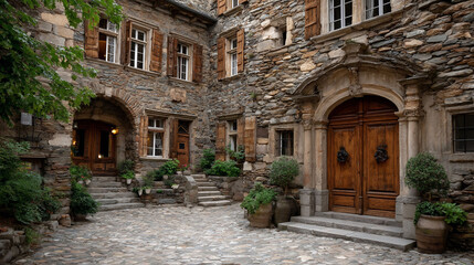 Obraz premium Charming courtyard of old stone buildings, wooden doors, arched entrances, and cobblestone paths