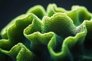 A vibrant green coral-like structure with intricate cellular patterns and delicate, wavy edges against a dark, blurred background creates depth.
