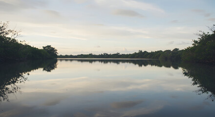 Fototapeta premium Serene Evening Reflections: Tranquil Waterway Surrounded by Lush Vegetation