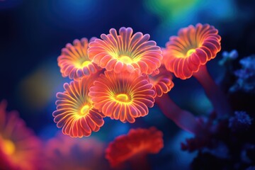 Close-up of vibrant orange button polyps under blue light, displaying intricate patterns and colors of a coral reef environment.