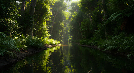 Fototapeta premium Lush Jungle River Stream Illuminated By Sunlight Through The Canopy