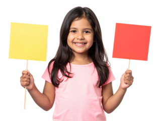 Little girl holding smiley face cutouts isolated, transparent background PNG
