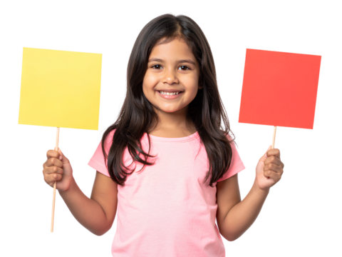 Little girl holding smiley face cutouts isolated, transparent background PNG