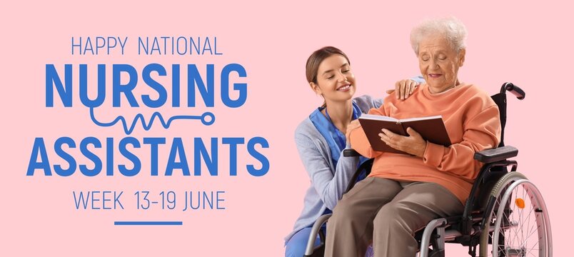 Senior woman in wheelchair and with nurse reading book on pink background. Happy National Nursing Assistants Week