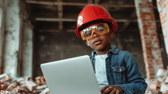 A young child in a hard hat and goggles sits at a construction site, using a laptop which adds a playful twist to the seriousness of work, blending childhood with construction themes.