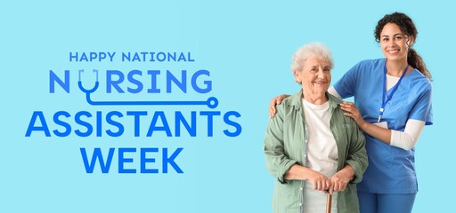 Young African-American medical worker hugging elderly woman on blue background. Happy National Nursing Assistants Week