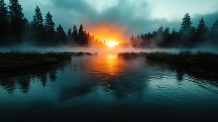 A tranquil sunset reflects beautifully on a mist-covered lake, surrounded by tall trees and a serene atmosphere, encapsulating the peacefulness of nature at dusk.
