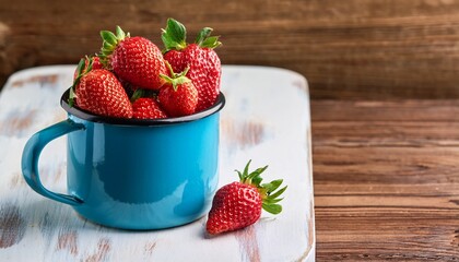 fresh ripe red strawberries in blue enamel mug on white ceramic board over rustic wooden background