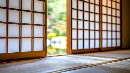 Open Shoji screens reveal serene garden view.