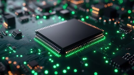 Obraz premium This image showcases a close-up view of a modern microchip on a circuit board, highlighting the intricate details and vibrant green LED lights illuminating the technology.