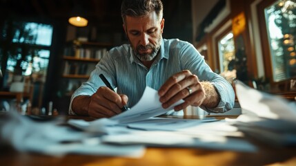 A focused businessman diligently works through paperwork at his home office desk, epitomizing the dedication required for managing professional responsibilities effectively.