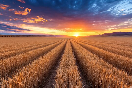 A vast wheat field stretching to the horizon under a dramatic sky with a radiant sunset painting the clouds.