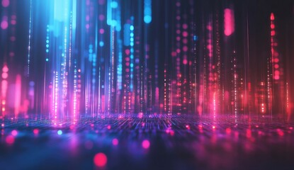 Abstract digital streams cascade down a glowing grid