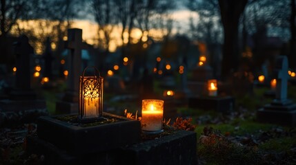 Tranquil cemetery at dusk illuminated by warm candlelight and grave markers
