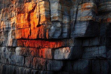 Striking image of a textured cliff face highlighted by warm sunlight, creating a dramatic contrast between light and shadow.