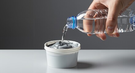 A hand carefully pours clear water from a transparent plastic bottle into a white tub containing thick grey paint or paste, diluting it for a project on a light surface with a grey backdrop.