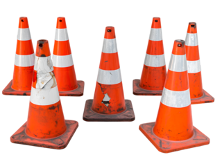 7 broken traffic cones isolated on a transparent background PNG