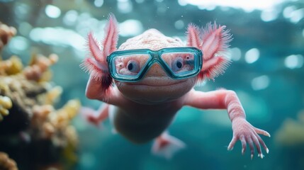 An imaginative aquatic scene featuring an adorable axolotl wearing swim goggles, swimming joyfully in its natural habitat and showcasing the charm of marine life.