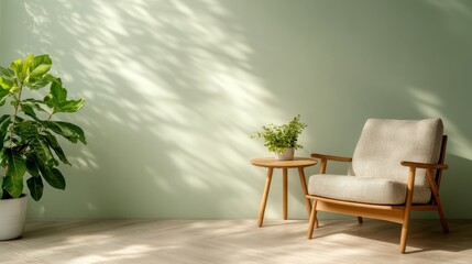 This image features a tranquil home space with a light green wall, a cozy chair, and thriving plants, creating a relaxing atmosphere that promotes peace and comfort in daily life.