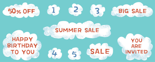 かわいい雲のふきだし、フレームセット　ベクターイラスト　レトロ　手描き　広告　チラシ　雑誌　かわいい　青空