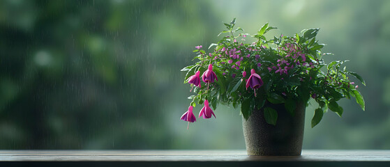 Pink Flowers In Pot On Windowsill On Rainy Day