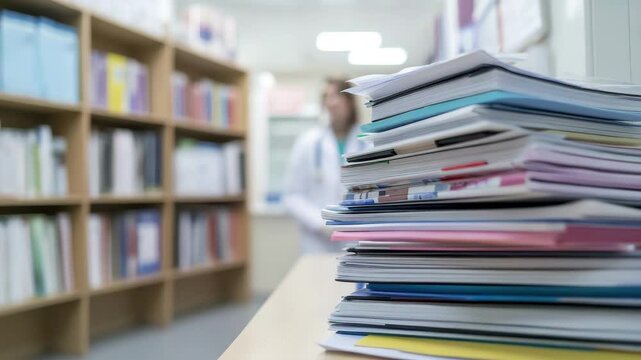A healthcare worker sorts through numerous medical documents in a library filled with resources
