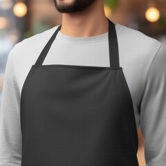 Black apron mockup, young male model wearing a cafe restaurant uniform, catering business branding