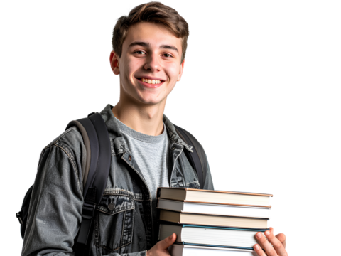Photorealistic portrait of a smiling male student holding books, transparent background png
