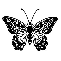 Black and white vector illustration of a stylized butterfly with intricate wing details.