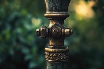 Fototapeta premium A close-up of an ornate, weathered brass valve or fitting, set against a blurry green natural backdrop.