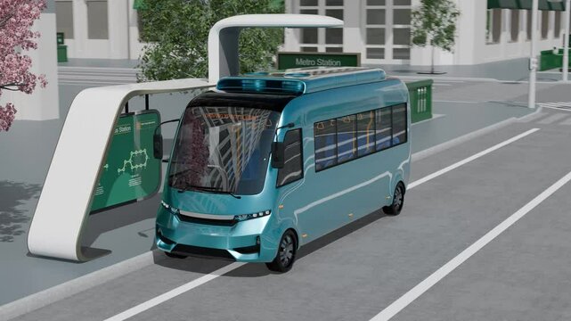 Electric bus enter a bus station, charging by high power pantograph charger. 3D rendering animation.