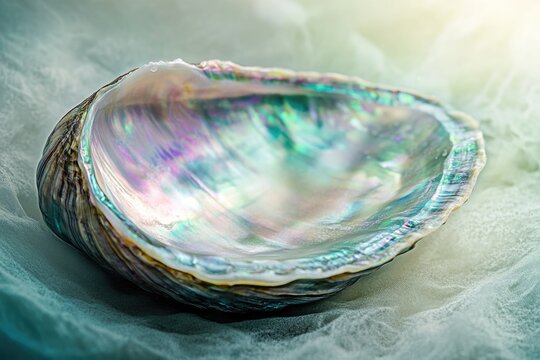 A shimmering abalone shell sits on a soft, textured surface, displaying vibrant iridescent colors in the soft light.