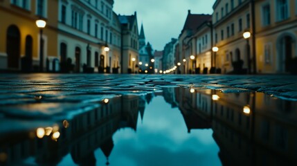 Fototapeta premium Evening reflections on a cobblestone street